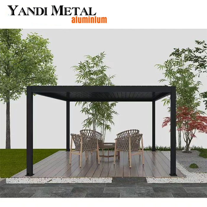 Regensichere elektrische Lamellenpergola aus Aluminium in Sondergröße. Bioklimatische Aluminiumpergola mit LED-Beleuchtungssystem